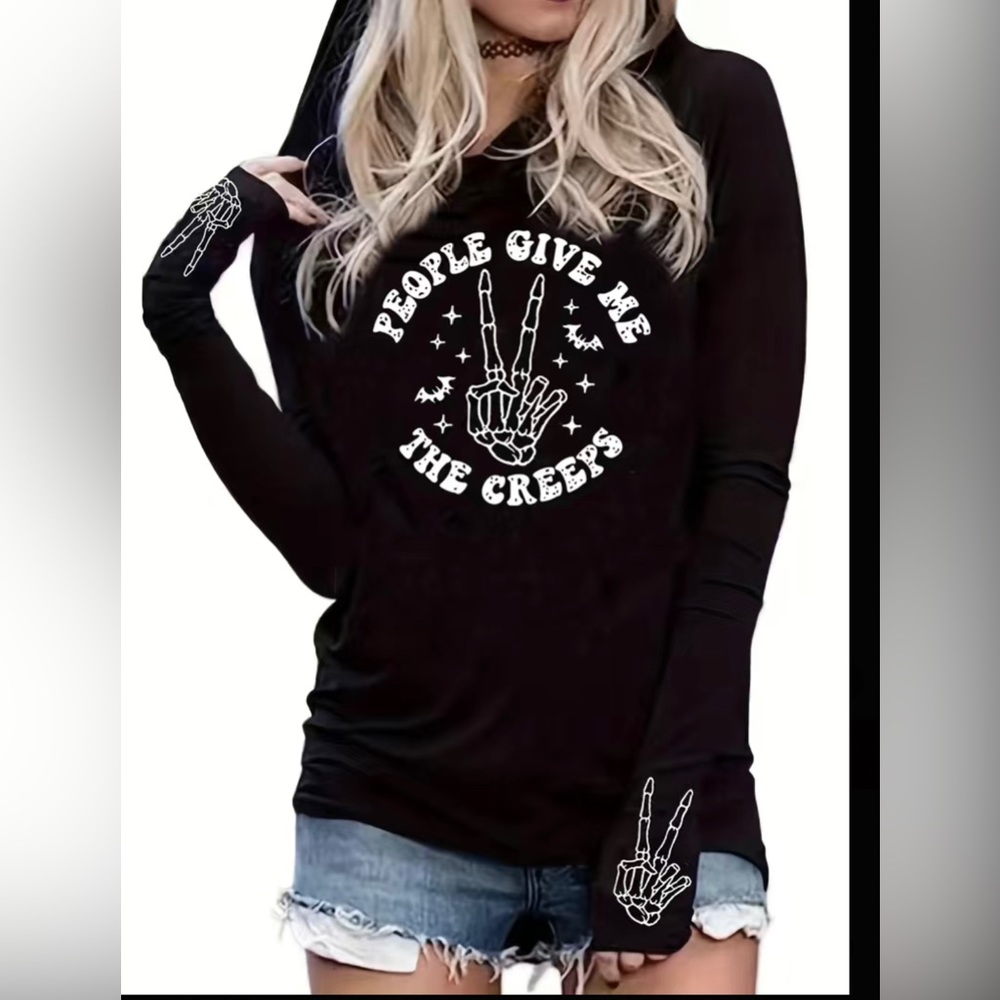 “People give me the creeps” Halloween hoodie. Skeleton hand and bats